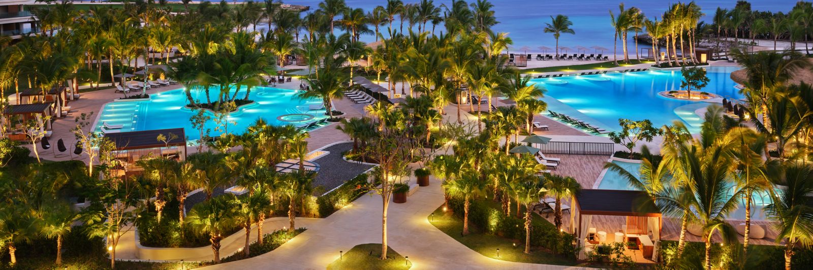 Aerial dusk view of the pool at The St. Regis Cap Cana Resort